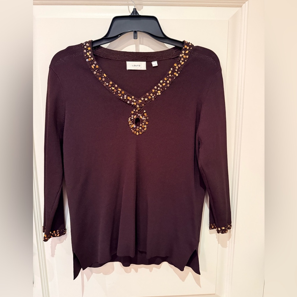 Laura Ribbed Beaded Brown Top US XL